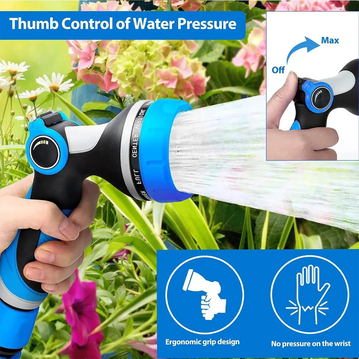 10-Function Garden Hose Nozzle Sprayer for Watering and Car Washing - Blue