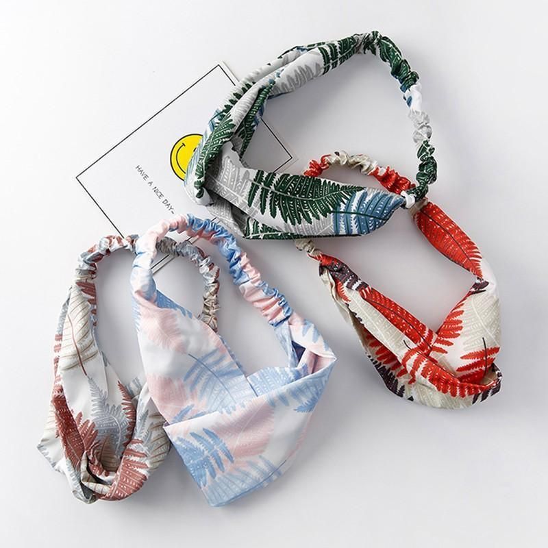 Women Chiffon Floral Print Headband Fashion Bohemian Elastic Cross Hair Bands - Blue+Grey
