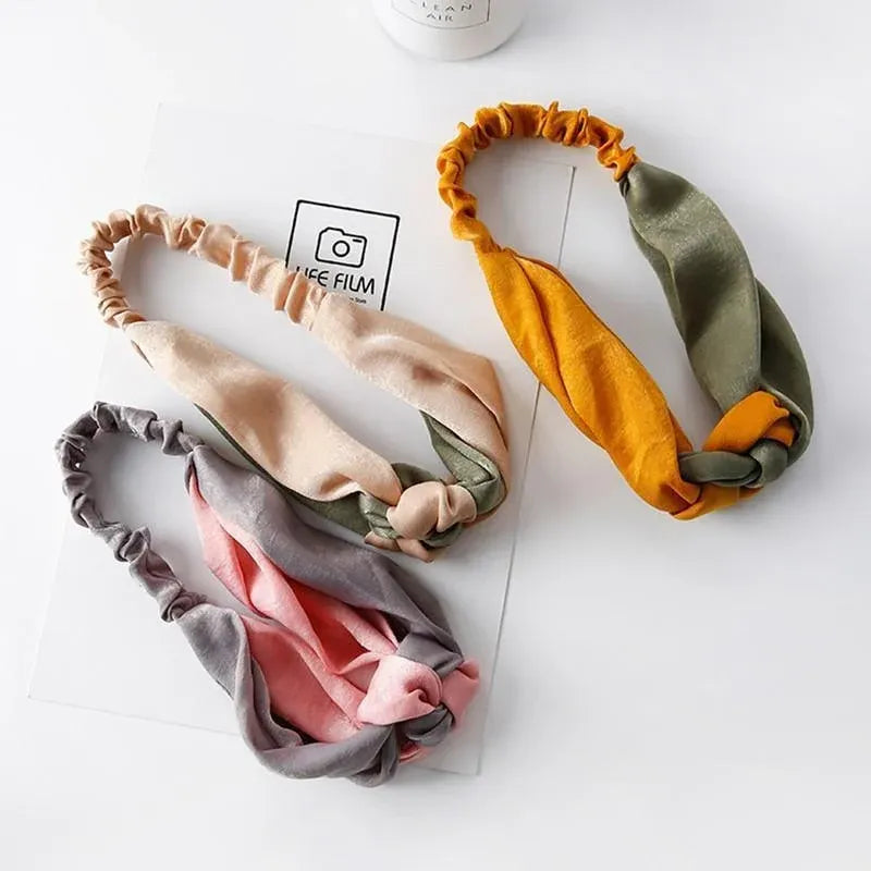 Women Chiffon Floral Print Headband Fashion Bohemian Elastic Cross Hair Bands - Blue+Grey