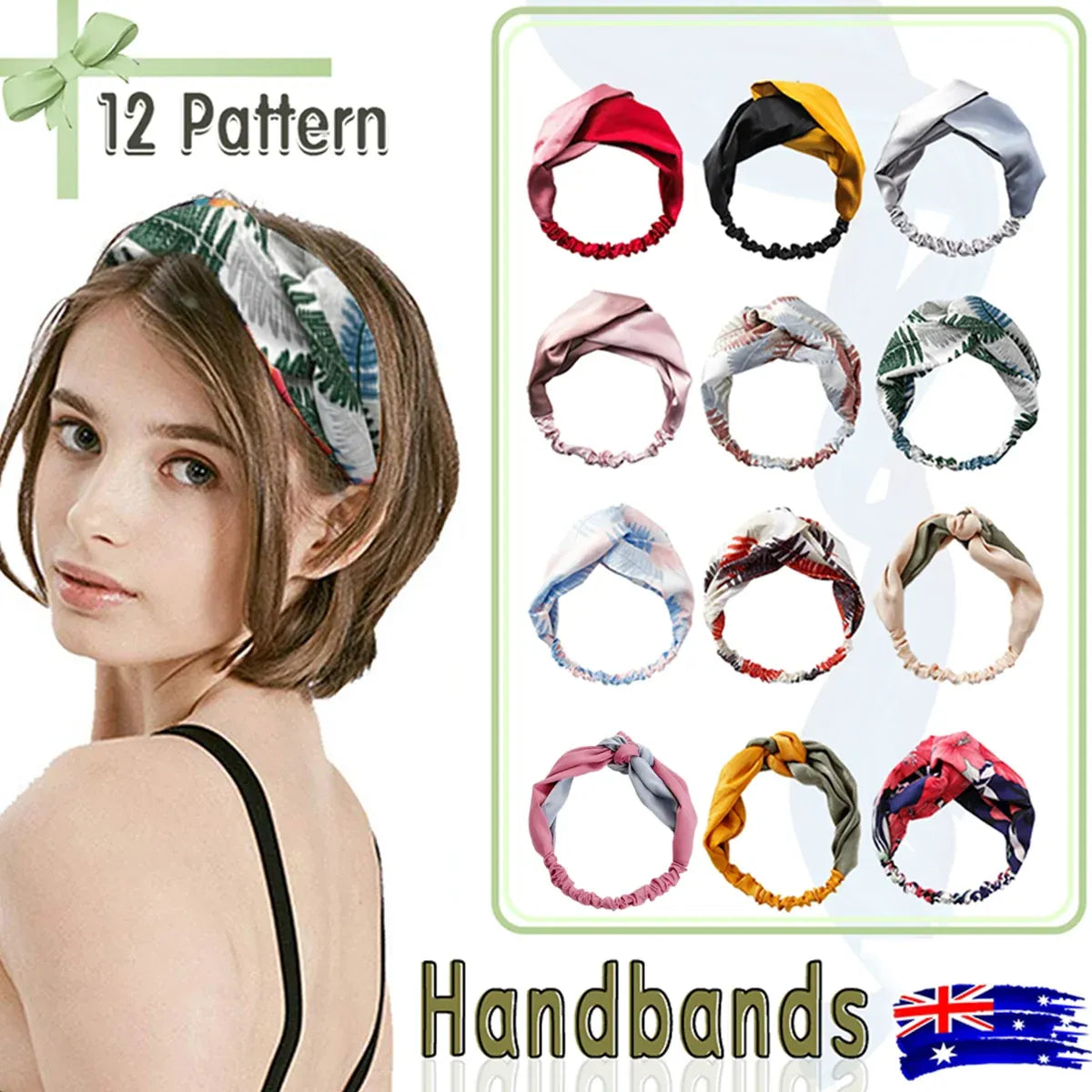 Women Chiffon Floral Print Headband Fashion Bohemian Elastic Cross Hair Bands - Pink+Grey