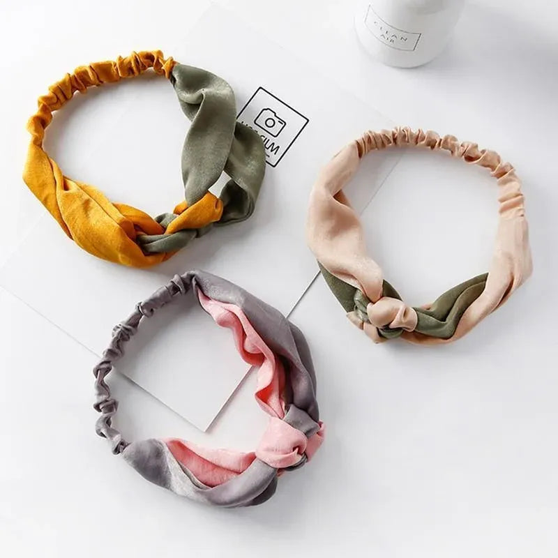 Women Chiffon Floral Print Headband Fashion Bohemian Elastic Cross Hair Bands - Pink+Grey