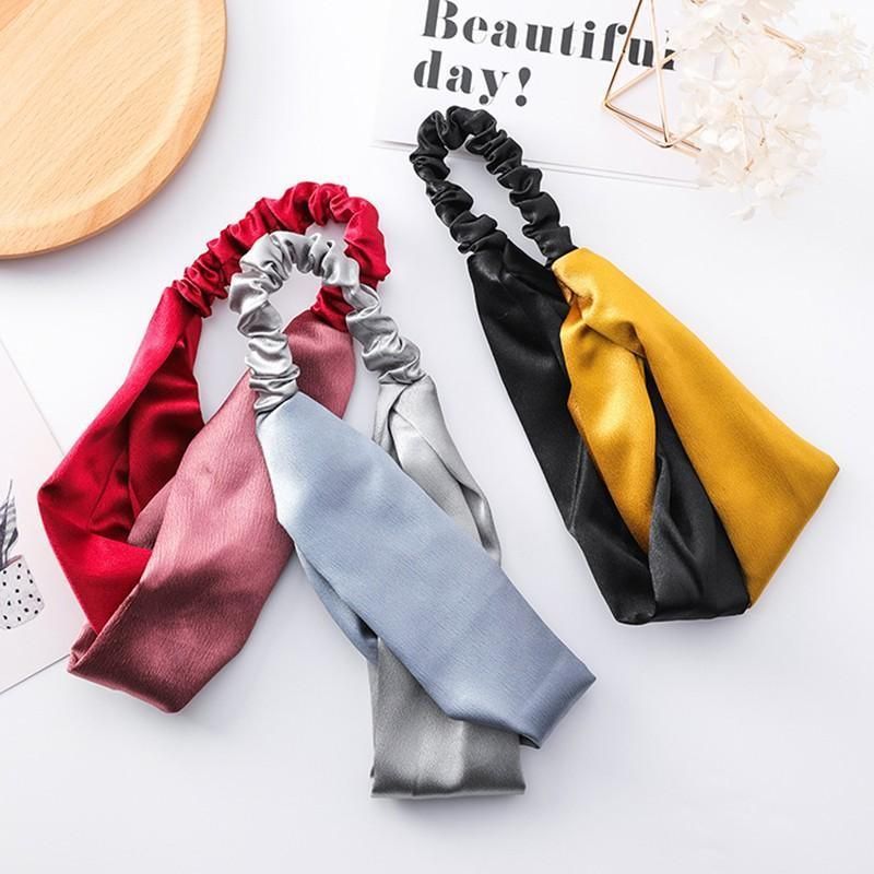Women Chiffon Floral Print Headband Fashion Bohemian Elastic Cross Hair Bands - Pink+Grey