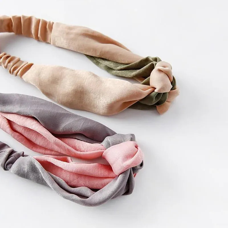 Women Chiffon Floral Print Headband Fashion Bohemian Elastic Cross Hair Bands - Pink+Grey
