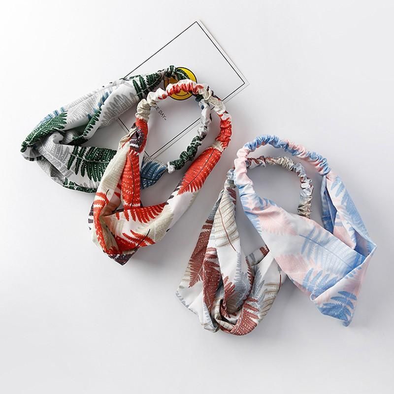 Women Chiffon Floral Print Headband Fashion Bohemian Elastic Cross Hair Bands - Pink+Grey