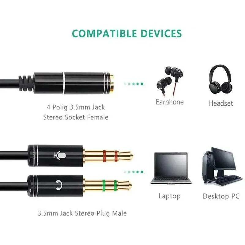 3.5mm AUX Cable Mic Audio Splitter Extension Headphone Adapter Male to Female - 2 Male to 1 Female Jack