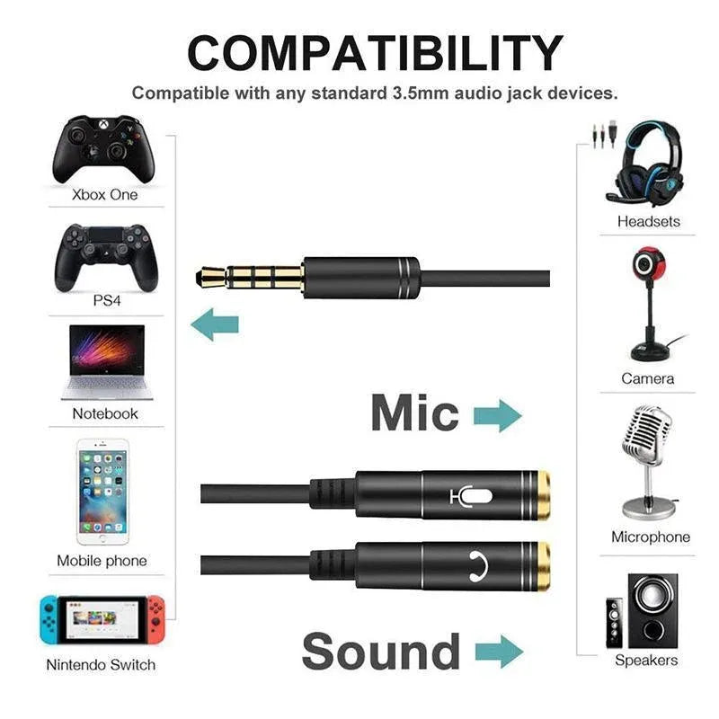 3.5mm AUX Cable Mic Audio Splitter Extension Headphone Adapter Male to Female - 2 Male to 1 Female Jack