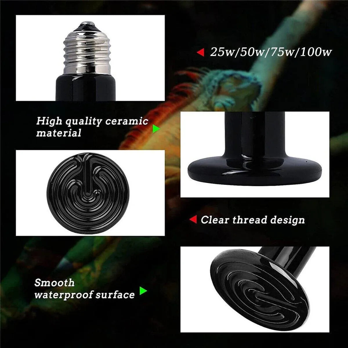 2X Ceramic Infrared Heat Lamp Bulbs for Reptiles and Terrariums - 50W-2PCS