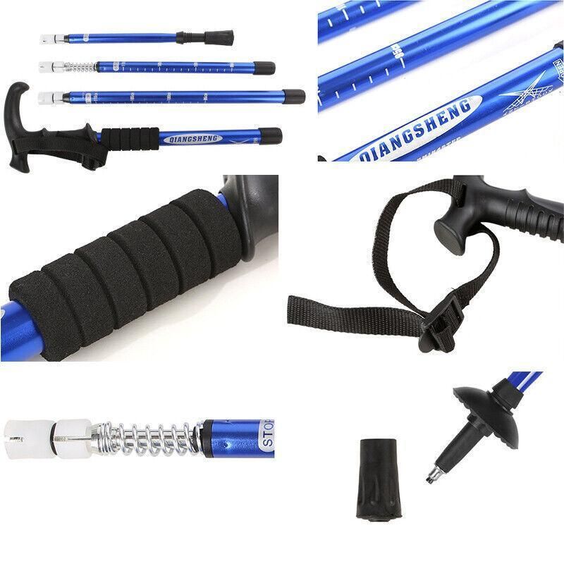Folding Walking Stick Telescopic Adjustable Antishock Hiking Grip Pole Trekking - Red