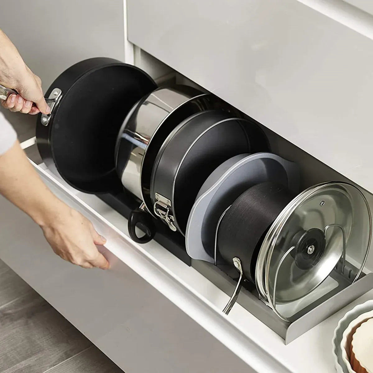 Telescopic Kitchen Storage Rack Table Top Pot Lid Holder Drawer Organizer Shelf