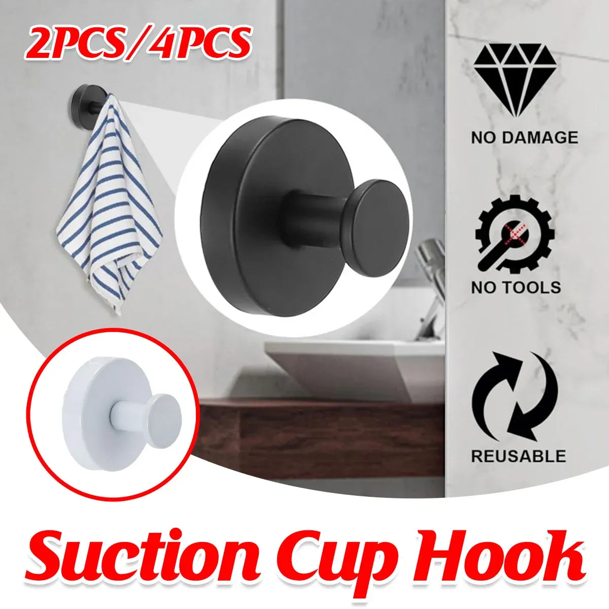 2/4PCS Suction Cup Hook Wall Vacuum Hanger No Drill Coat Hat Holder for Bathroom - White-4pcs