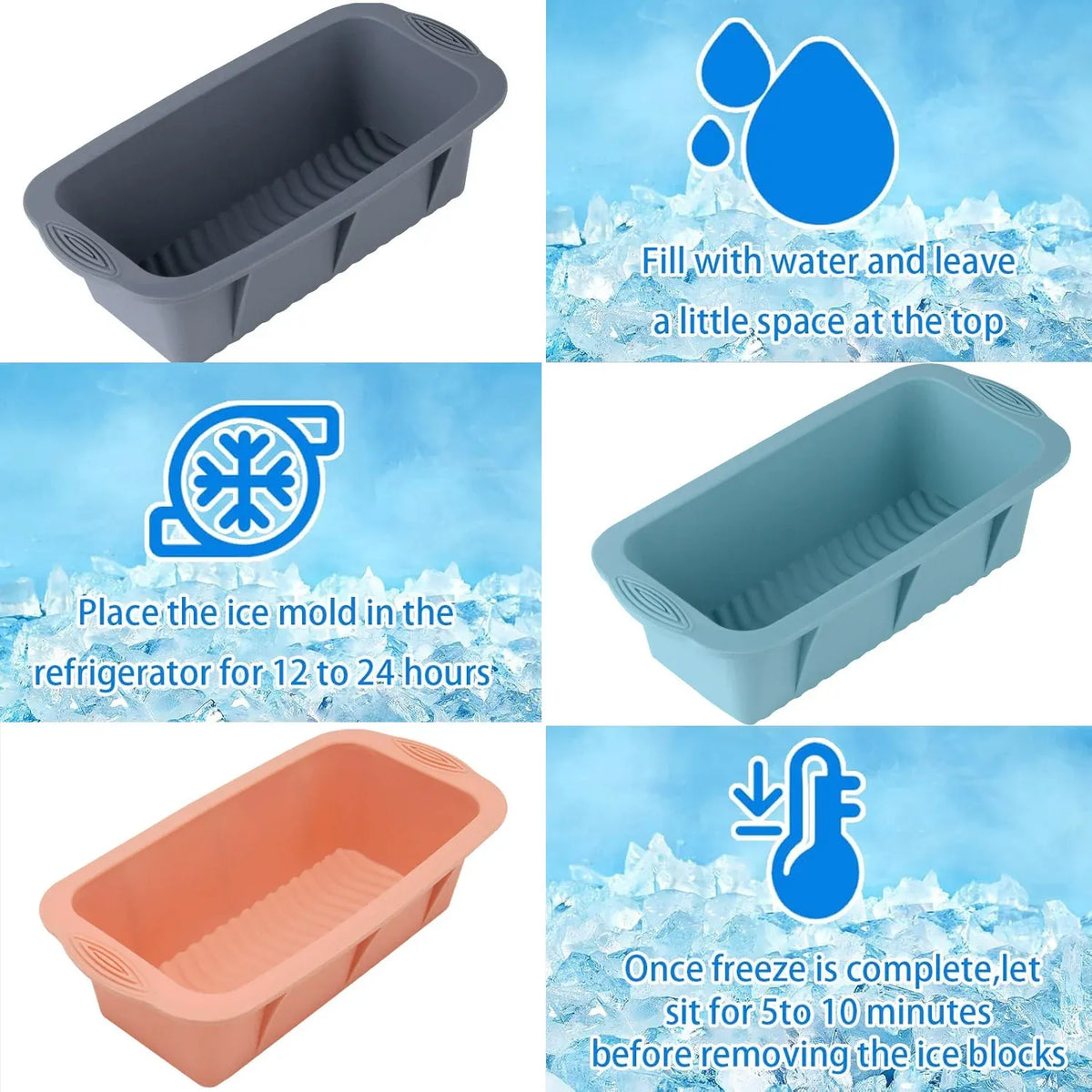 2pcs Large Capacity Ice Cube Tray Mold Rectangle Silicone Ice Grid Maker Kitchen - Orange
