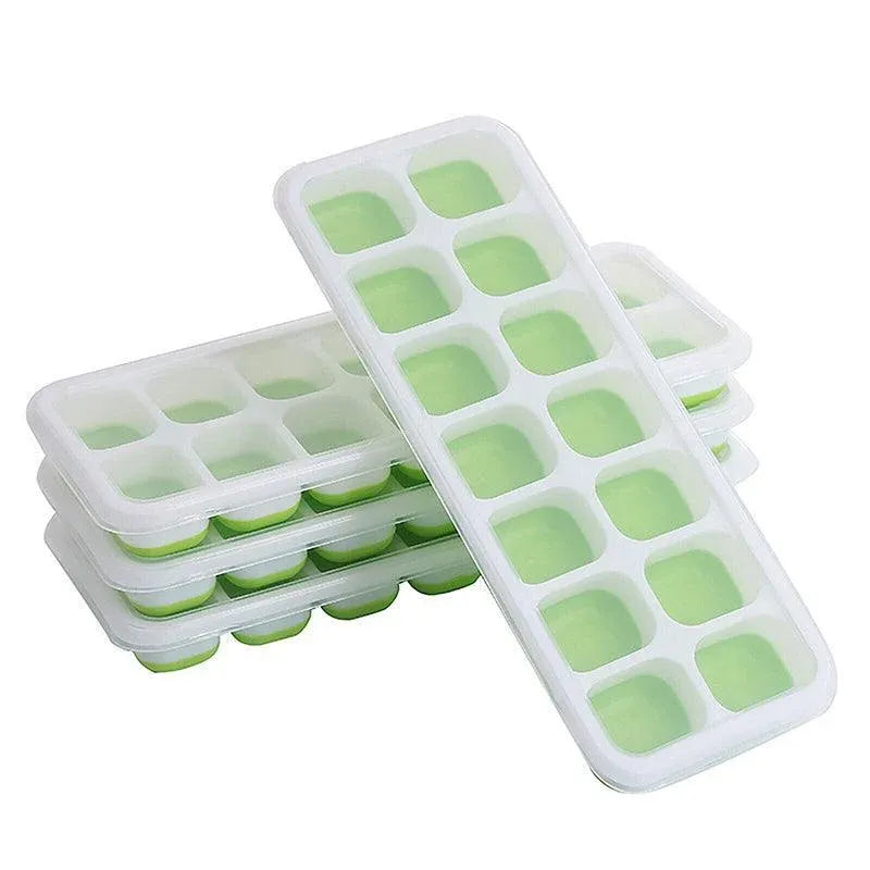 4Pcs Ice Cube Tray With Lid Easy Release Silicone Mould 14 Cubes Container Mould - Green