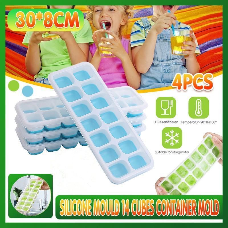 4Pcs Ice Cube Tray With Lid Easy Release Silicone Mould 14 Cubes Container Mould - Green