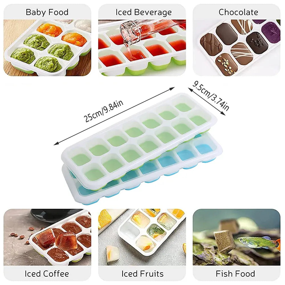 4Pcs Ice Cube Tray With Lid Easy Release Silicone Mould 14 Cubes Container Mould - Green