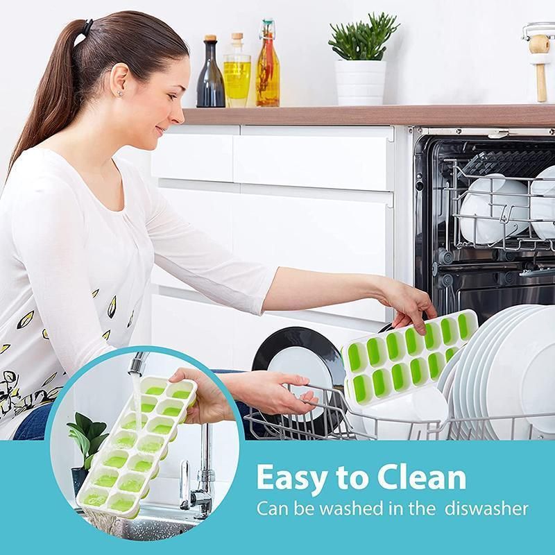 4Pcs Ice Cube Tray With Lid Easy Release Silicone Mould 14 Cubes Container Mould - Green