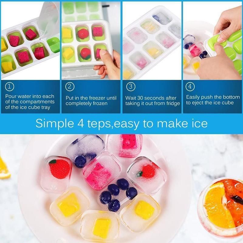 4Pcs Ice Cube Tray With Lid Easy Release Silicone Mould 14 Cubes Container Mould - Green