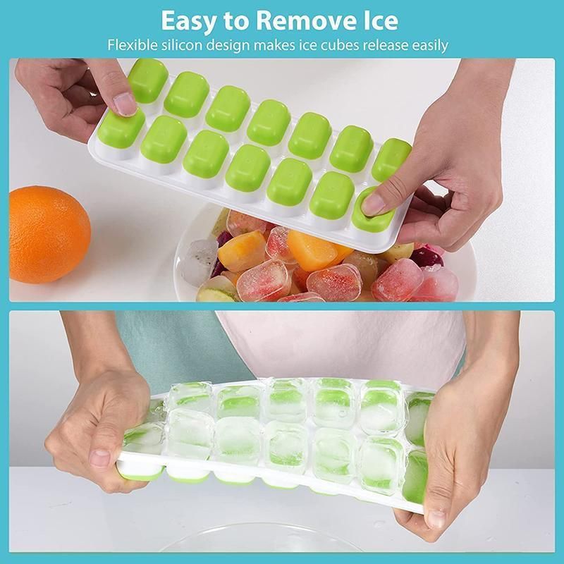 4Pcs Ice Cube Tray With Lid Easy Release Silicone Mould 14 Cubes Container Mould - Green