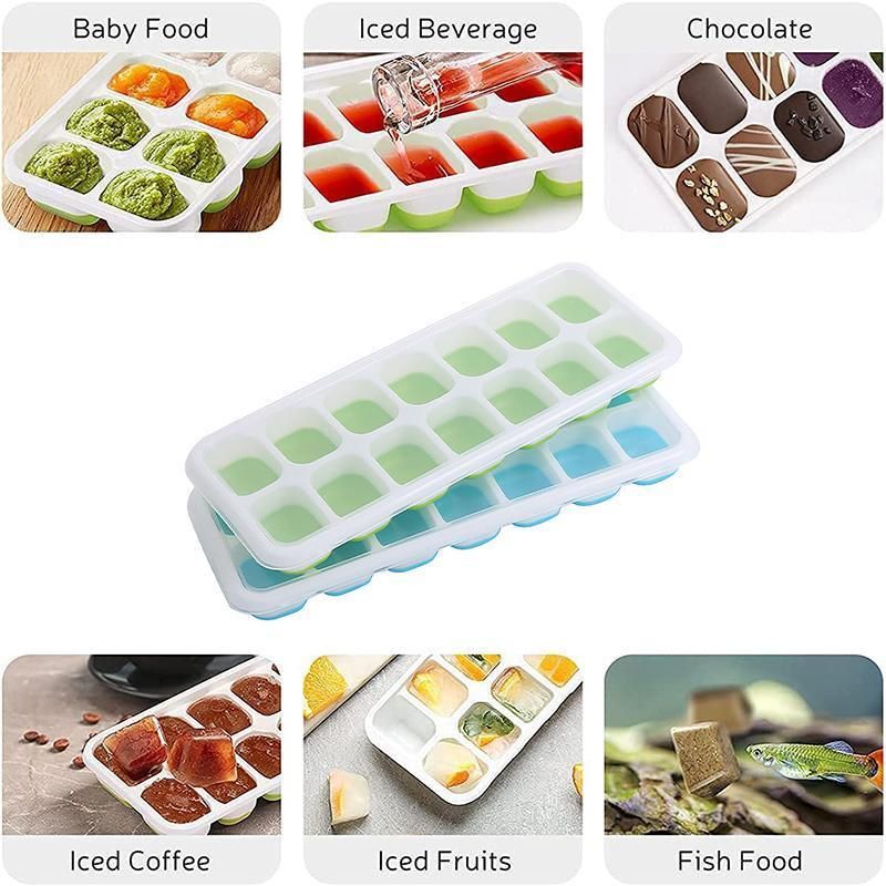 4Pcs Ice Cube Tray With Lid Easy Release Silicone Mould 14 Cubes Container Mould - Green