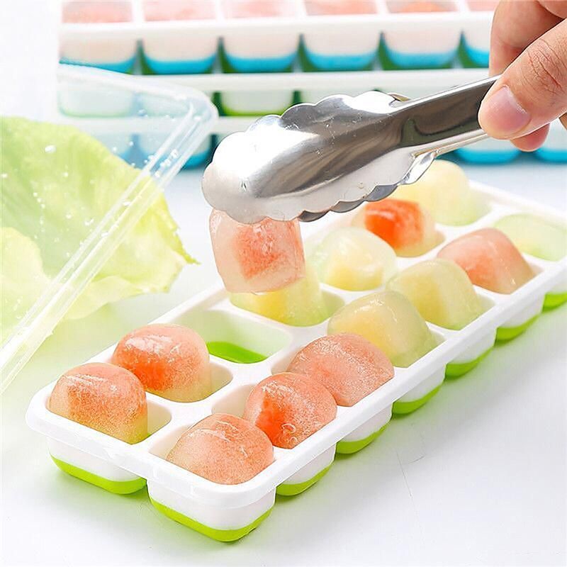 4Pcs Ice Cube Tray With Lid Easy Release Silicone Mould 14 Cubes Container Mould - Green