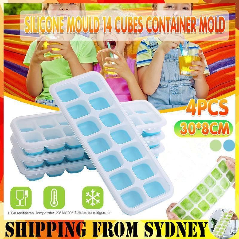 4Pcs Ice Cube Tray With Lid Easy Release Silicone Mould 14 Cubes Container Mould - Green