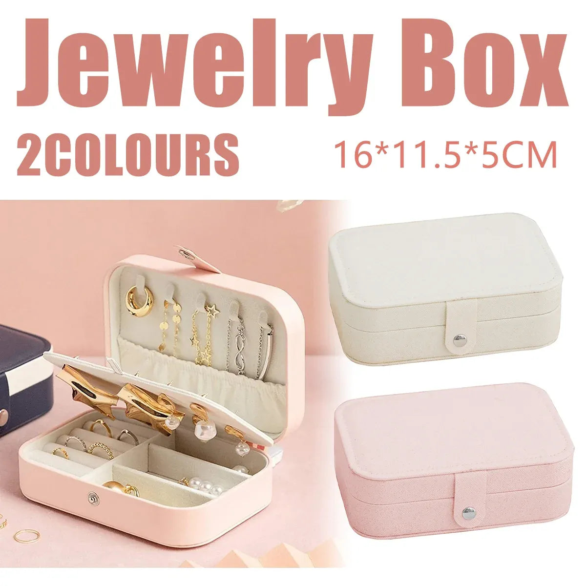Portable Jewellery Box Travel Case Ring Earring Necklace 16 x 11.5 x 5cm - White