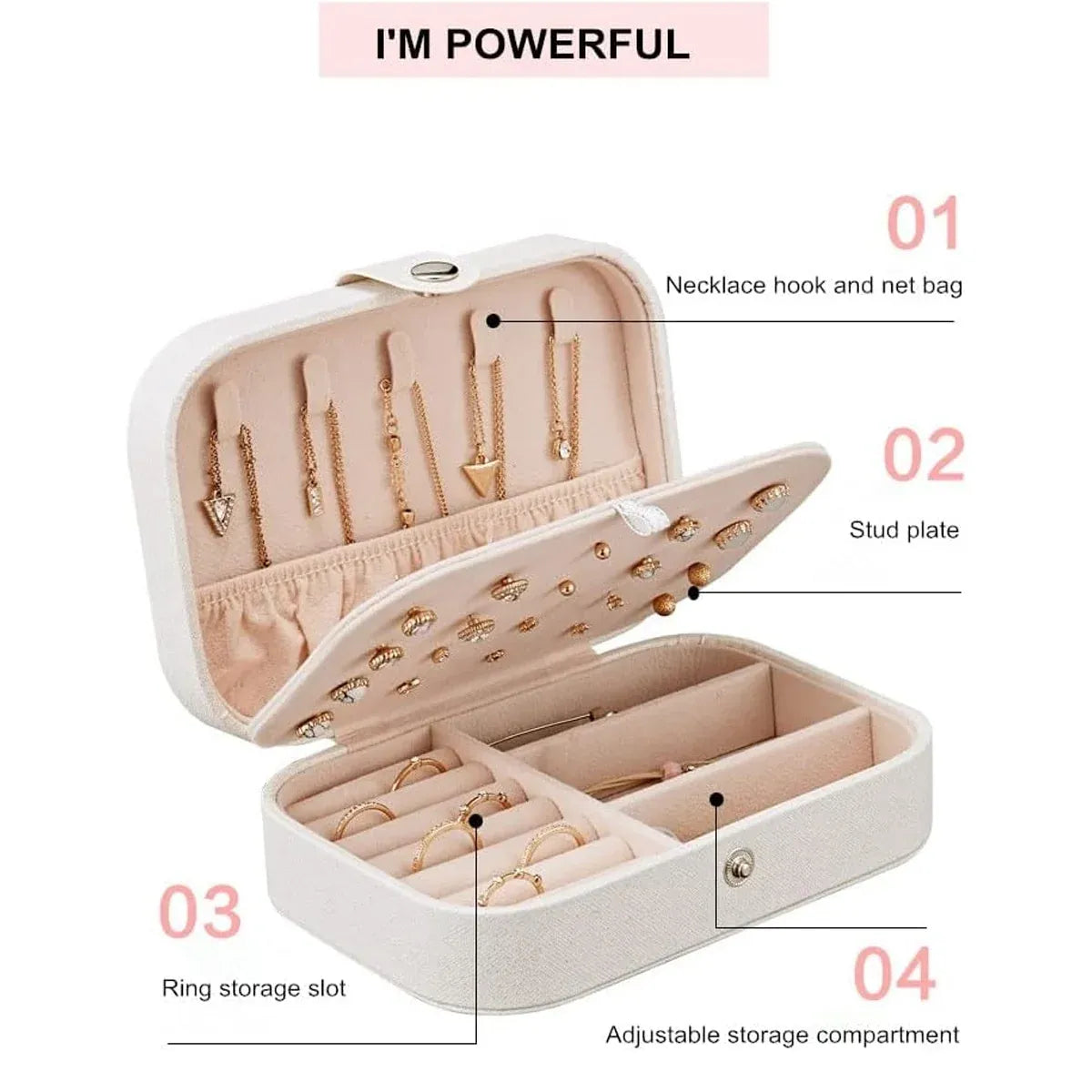 Portable Jewellery Box Travel Case Ring Earring Necklace 16 x 11.5 x 5cm - White