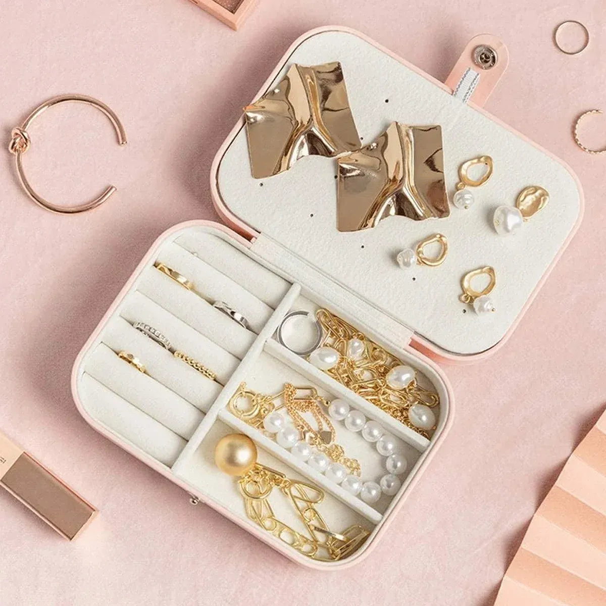 Portable Jewellery Box Travel Case Ring Earring Necklace 16 x 11.5 x 5cm - White