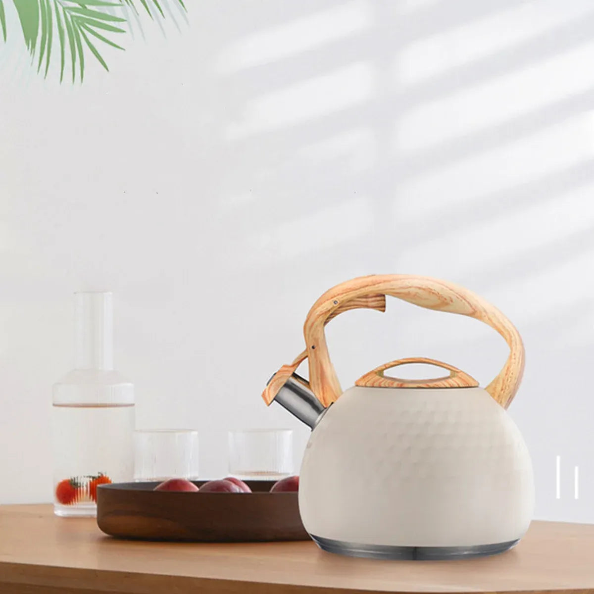 3L Stainless Steel Whistling Kettle Hammer Pattern Induction Gas Teapot Use - Beige