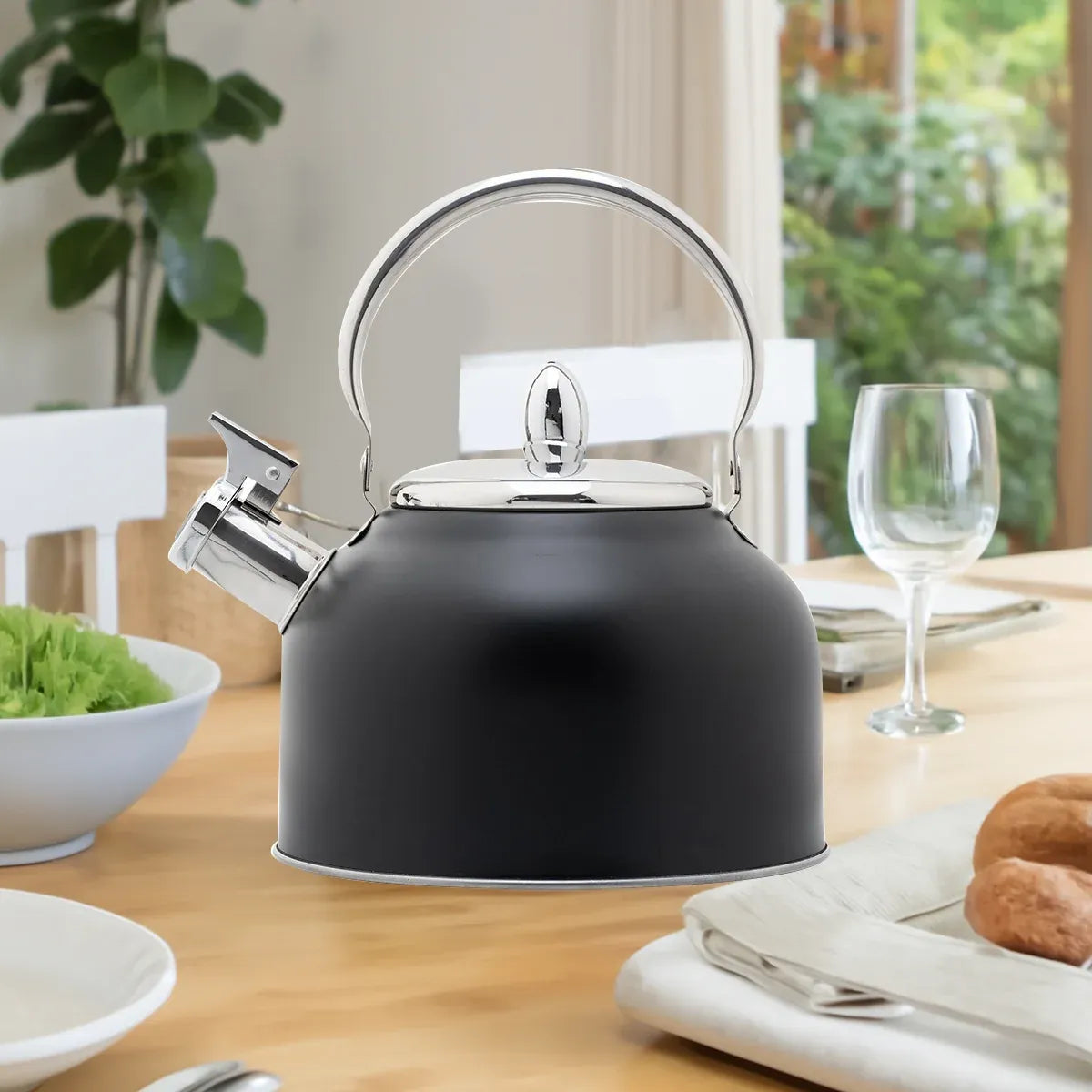 Stainless Steel Whistling Kettle with Black Foldable Handle for Home Kitchen