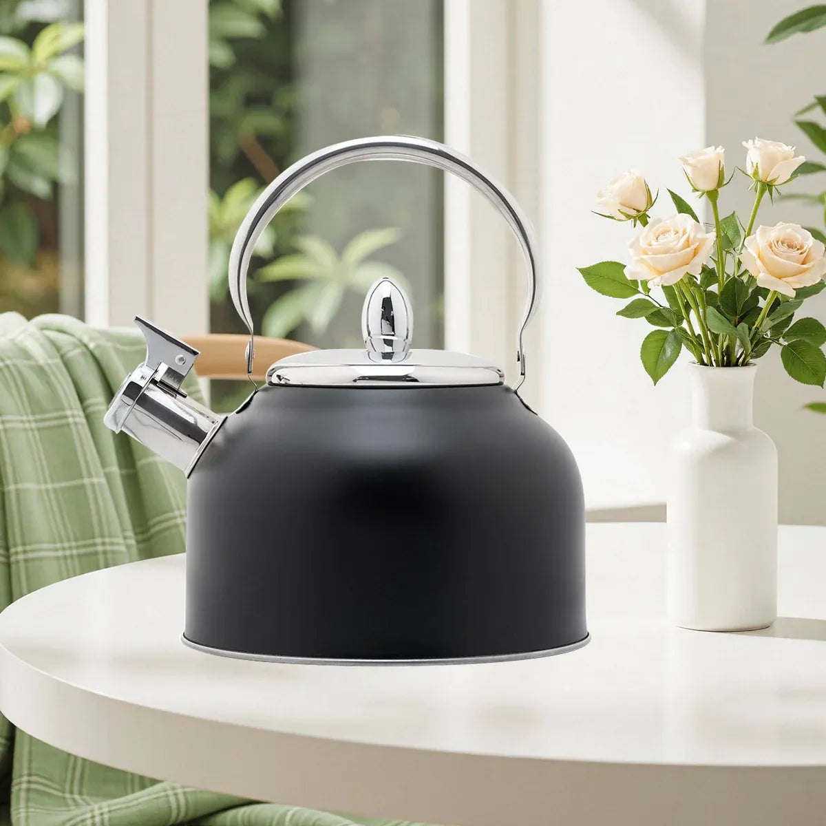 Stainless Steel Whistling Kettle with Black Foldable Handle for Home Kitchen