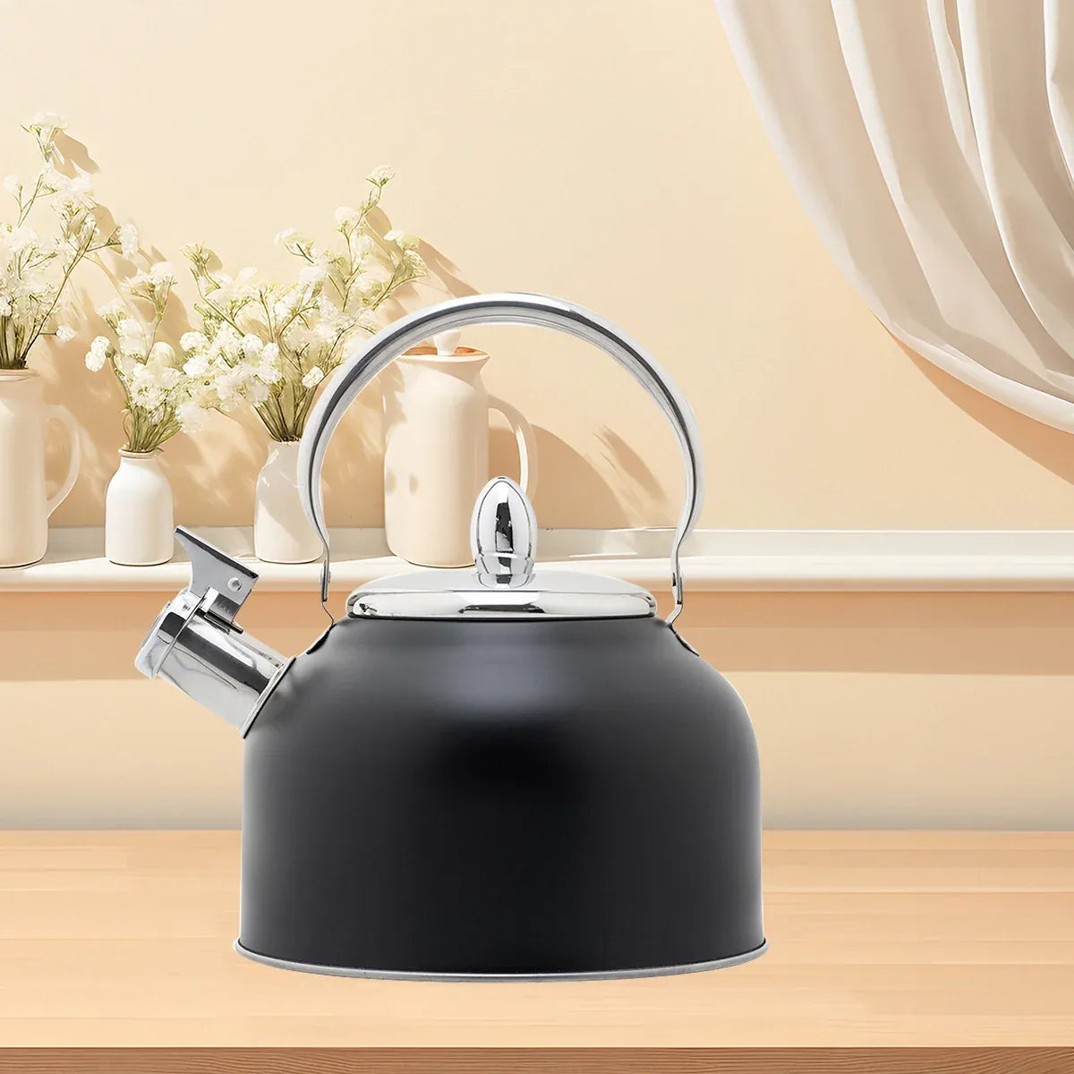 Stainless Steel Whistling Kettle with Black Foldable Handle for Home Kitchen