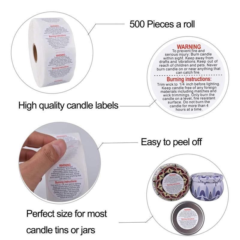 500PCS Candle Warning Labels Roll Round Stickers for Jars Wax Melts Containers