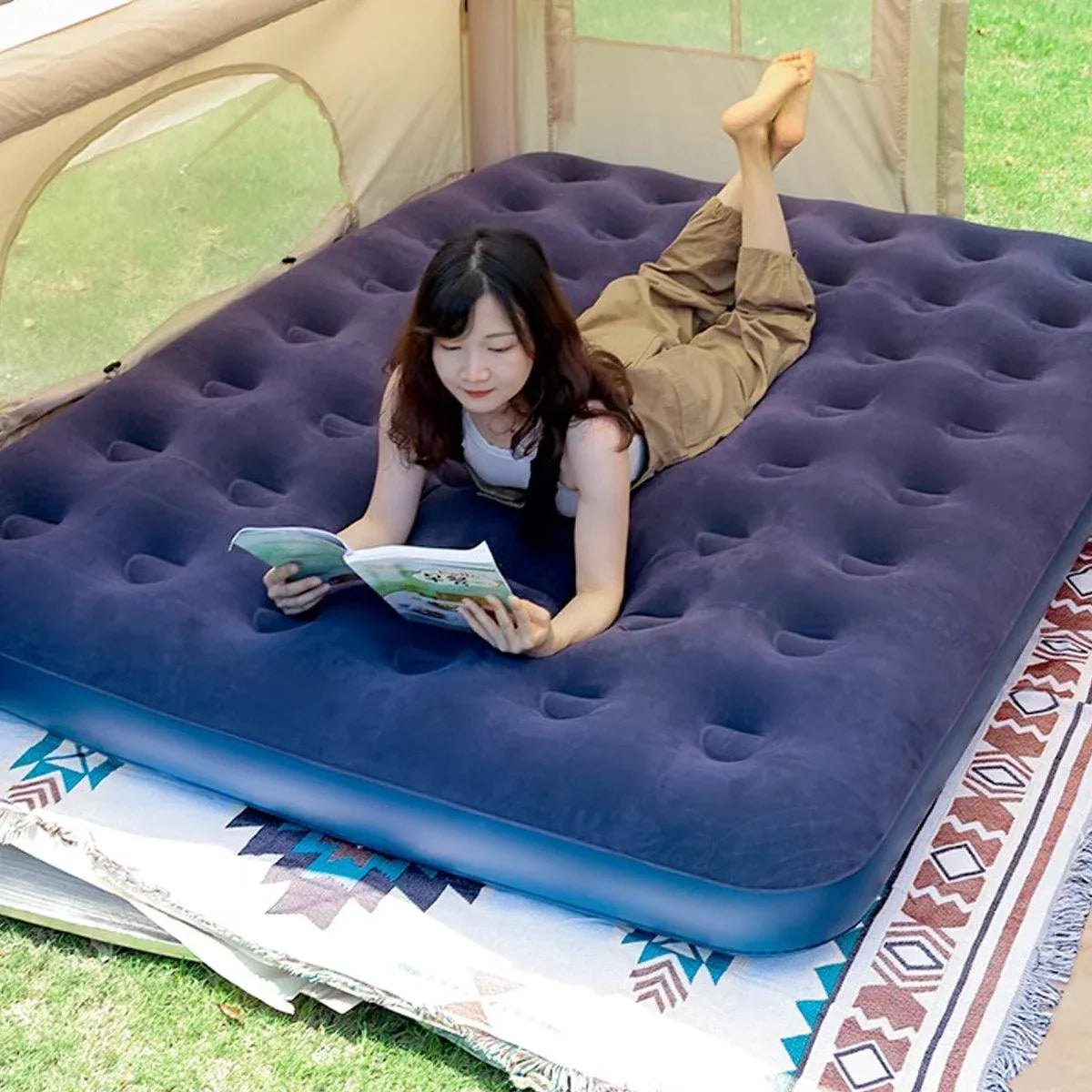 King Size Inflatable Airbed Easy Inflate Flocked Air Mattress Camping Guest Bed