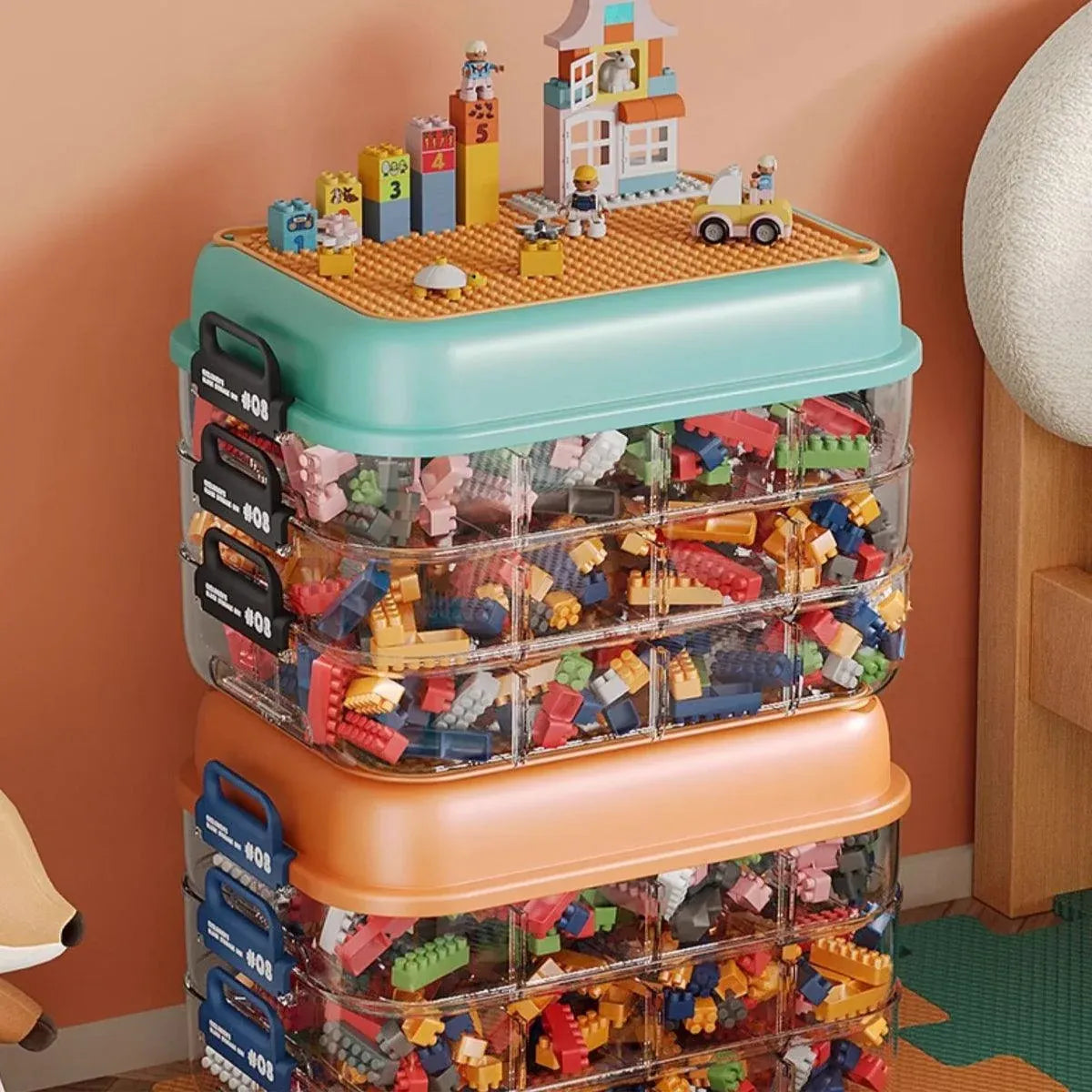 3-Layer Stackable Storage Box for Building Blocks Toy Organizer with Sorting Trays - Orange