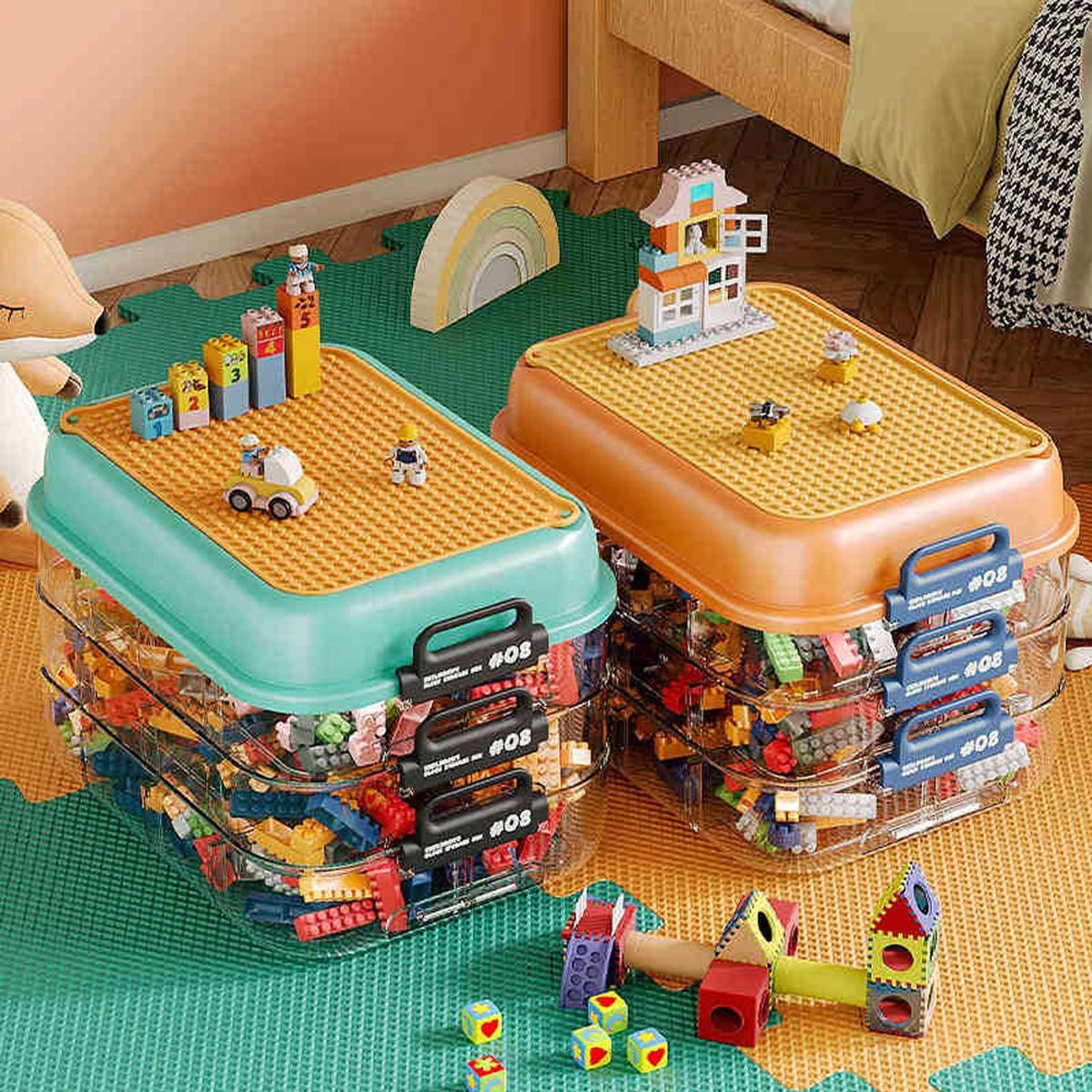 3-Layer Stackable Storage Box for Building Blocks Toy Organizer with Sorting Trays - Orange