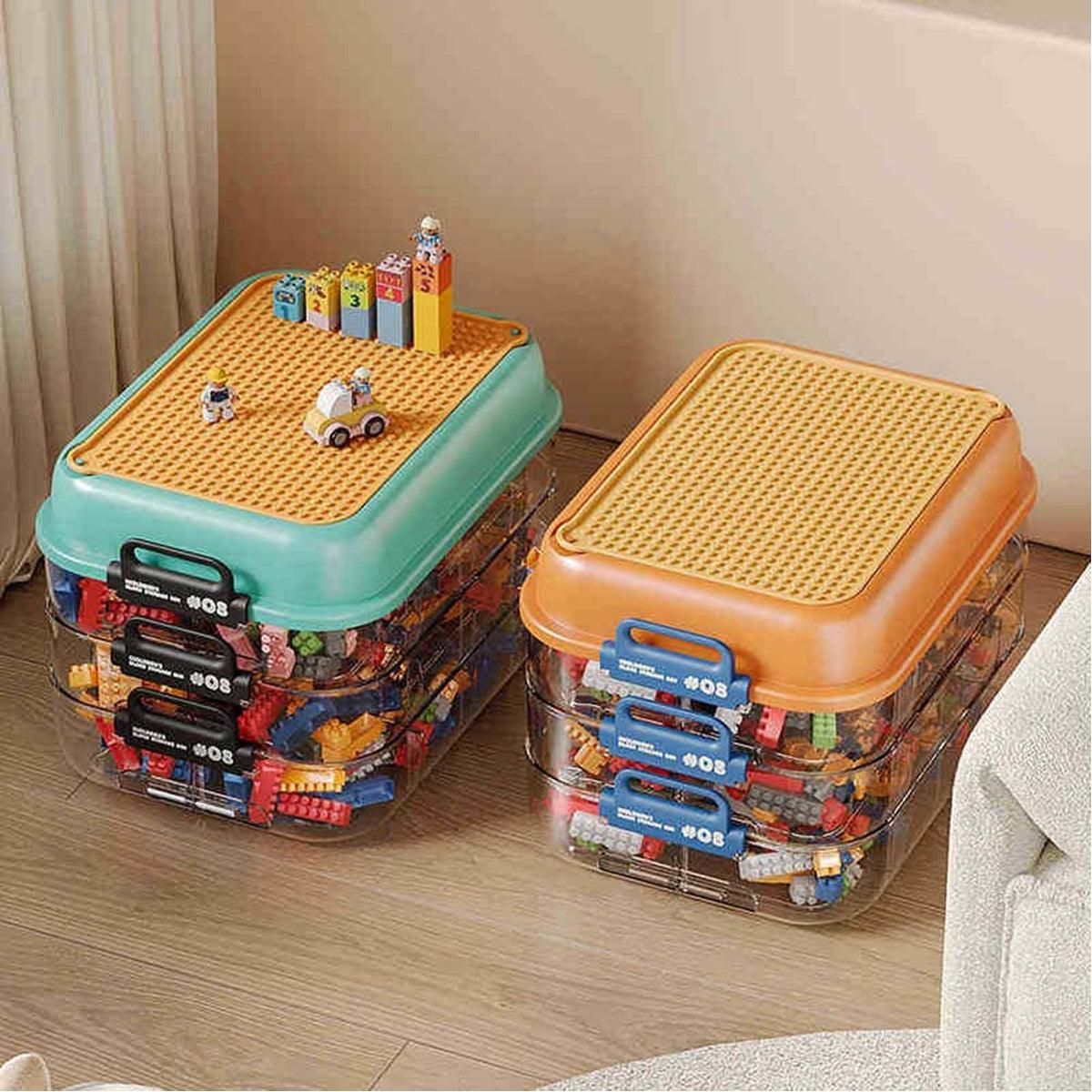 3-Layer Stackable Storage Box for Building Blocks Toy Organizer with Sorting Trays - Orange