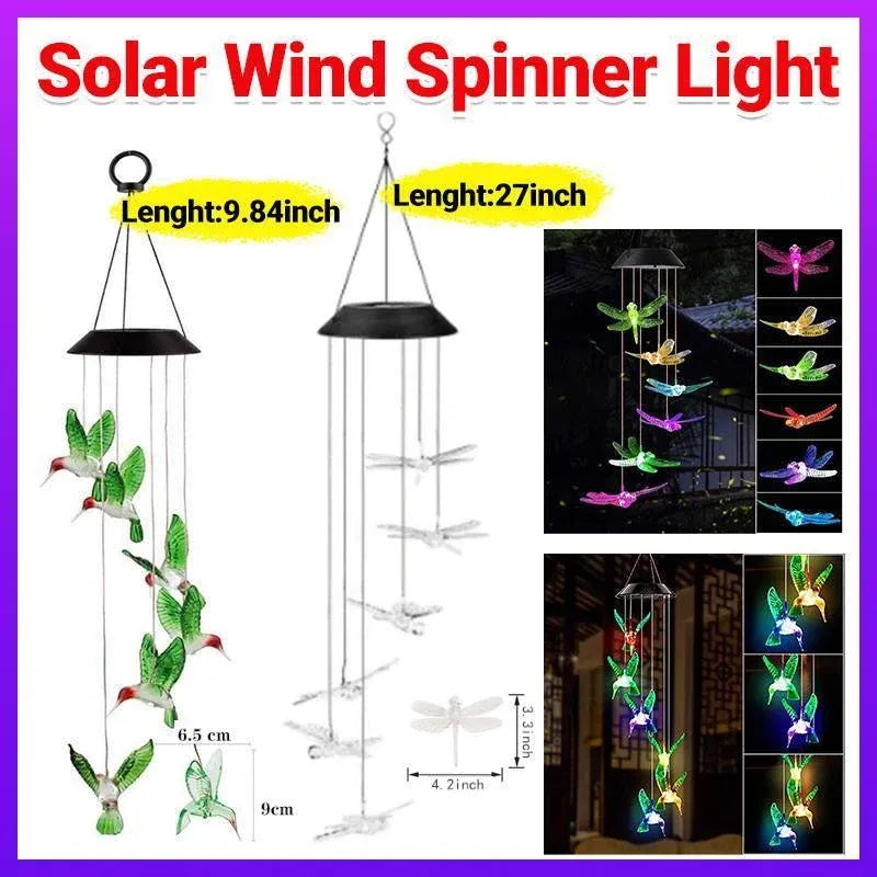 Wind Chimes Solar Powered Led Lights Changing Hanging Garden Yard Outdoor Decor - Hummingbird