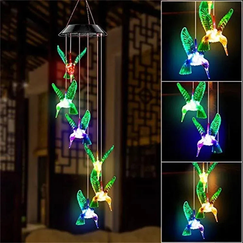 Wind Chimes Solar Powered Led Lights Changing Hanging Garden Yard Outdoor Decor - Hummingbird