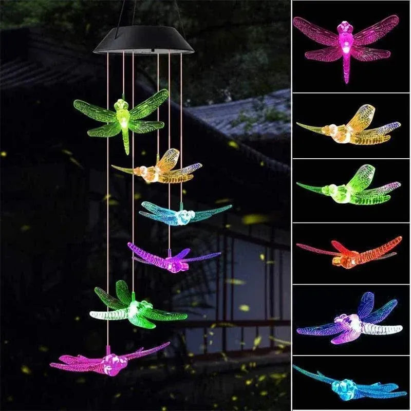 Wind Chimes Solar Powered Led Lights Changing Hanging Garden Yard Outdoor Decor - Hummingbird