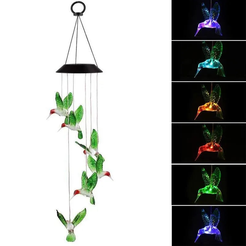 Wind Chimes Solar Powered Led Lights Changing Hanging Garden Yard Outdoor Decor - Hummingbird