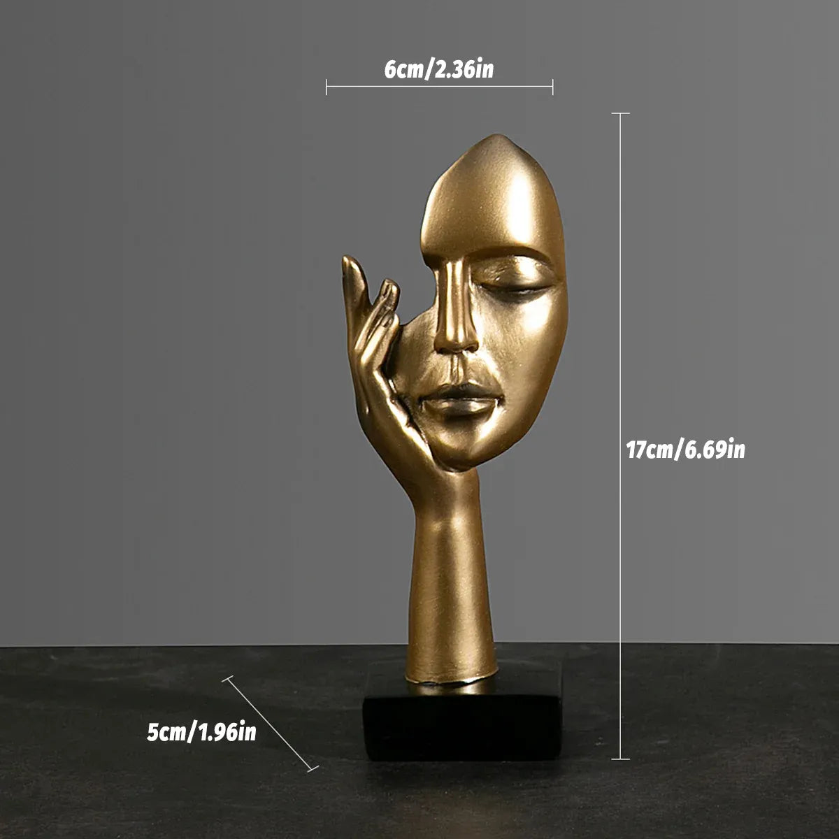 Abstract Face Resin Sculpture in Gold with Black Base for Living Room