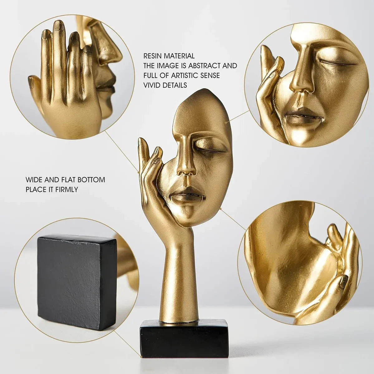 Abstract Face Resin Sculpture in Gold with Black Base for Living Room