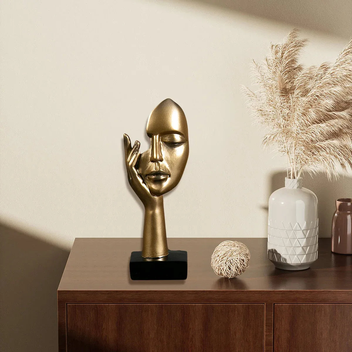 Abstract Face Resin Sculpture in Gold with Black Base for Living Room