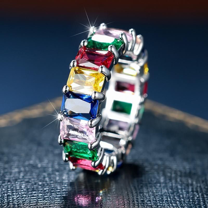 Rainbow Zircon Gemstone Ring Women's Stainless Steel Colourful Ring Size 6-10 - Gold-Multicolor-6