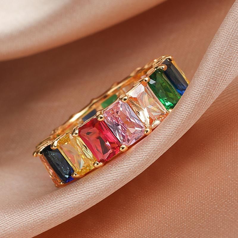 Rainbow Zircon Gemstone Ring Women's Stainless Steel Colourful Ring Size 6-10 - Gold-Multicolor-6