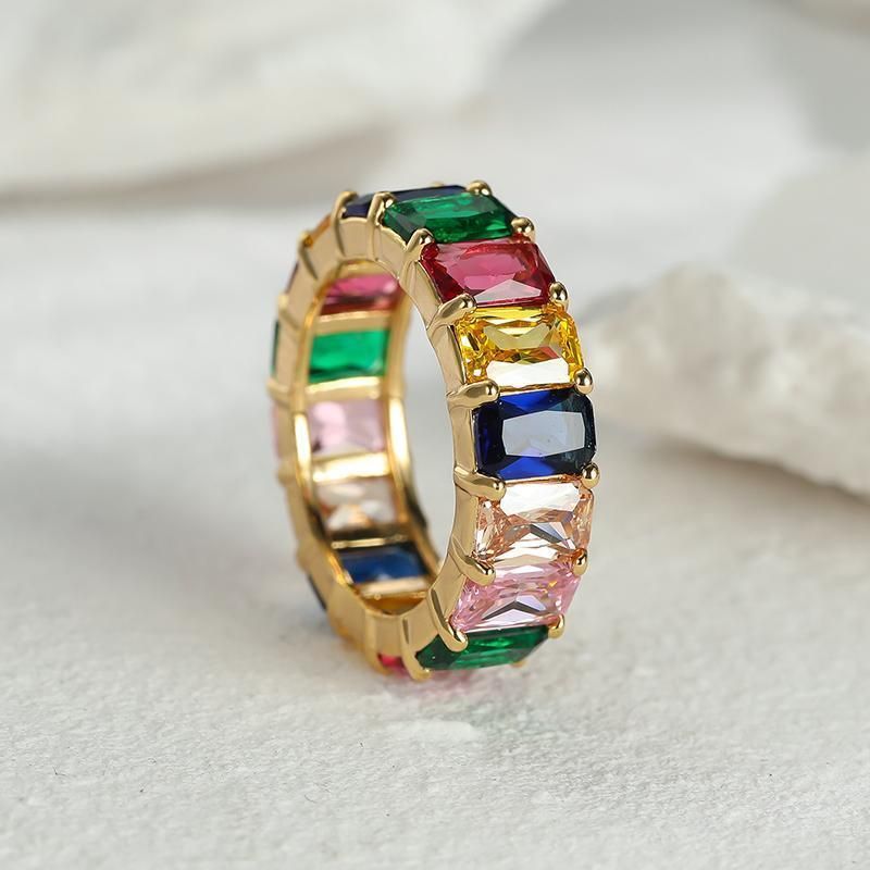 Rainbow Zircon Gemstone Ring Women's Stainless Steel Colourful Ring Size 6-10 - Gold-Multicolor-6