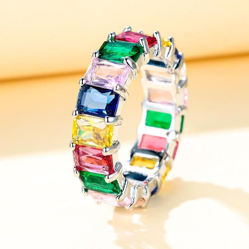 Rainbow Zircon Gemstone Ring Women's Stainless Steel Colourful Ring Size 6-10 - Gold-Multicolor-6