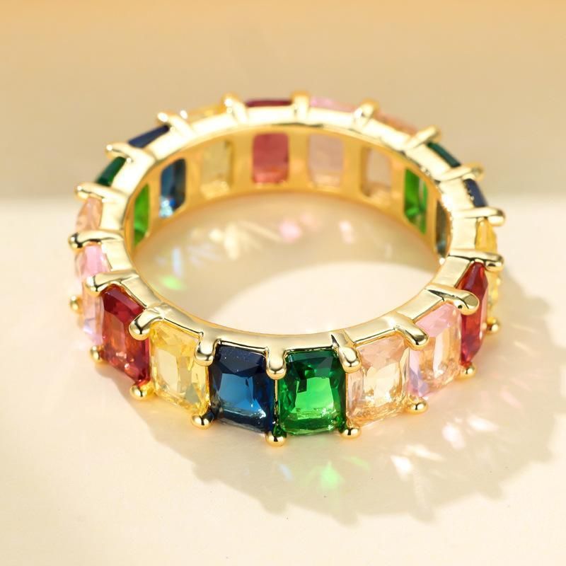Rainbow Zircon Gemstone Ring Women's Stainless Steel Colourful Ring Size 6-10 - Gold-Multicolor-6
