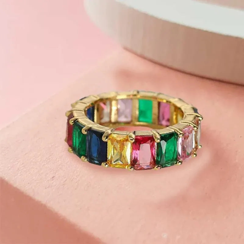 Rainbow Zircon Gemstone Ring Women's Stainless Steel Colourful Ring Size 6-10 - Gold-Multicolor-6