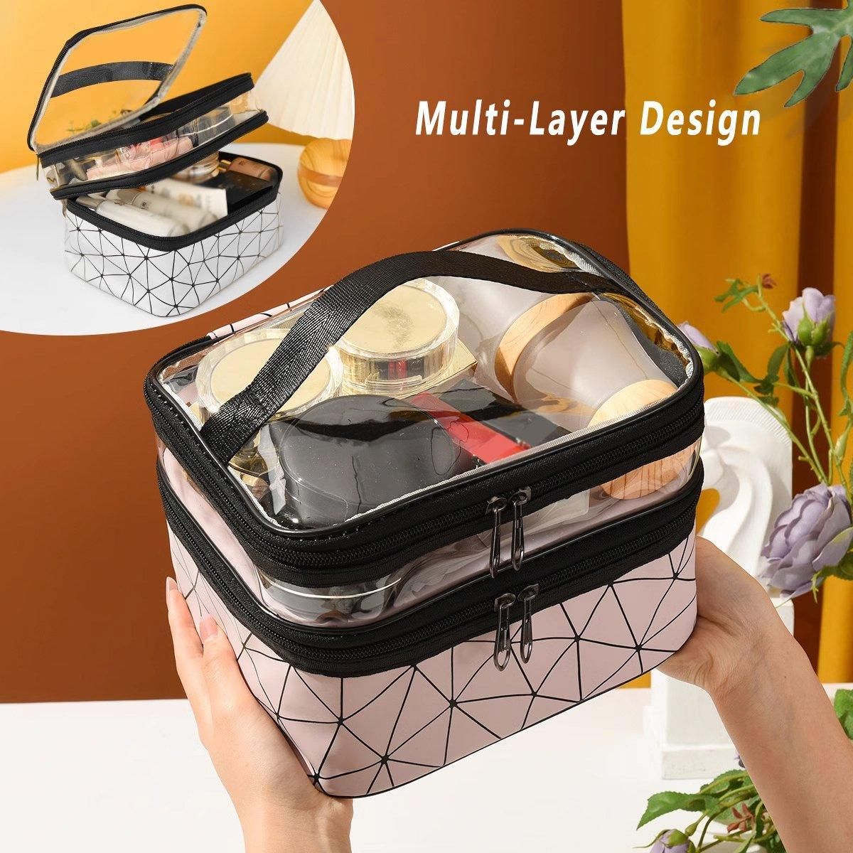 Portable Double-Layer Large Capacity Waterproof Cosmetic Bag Travel Toiletry Bag - Silver